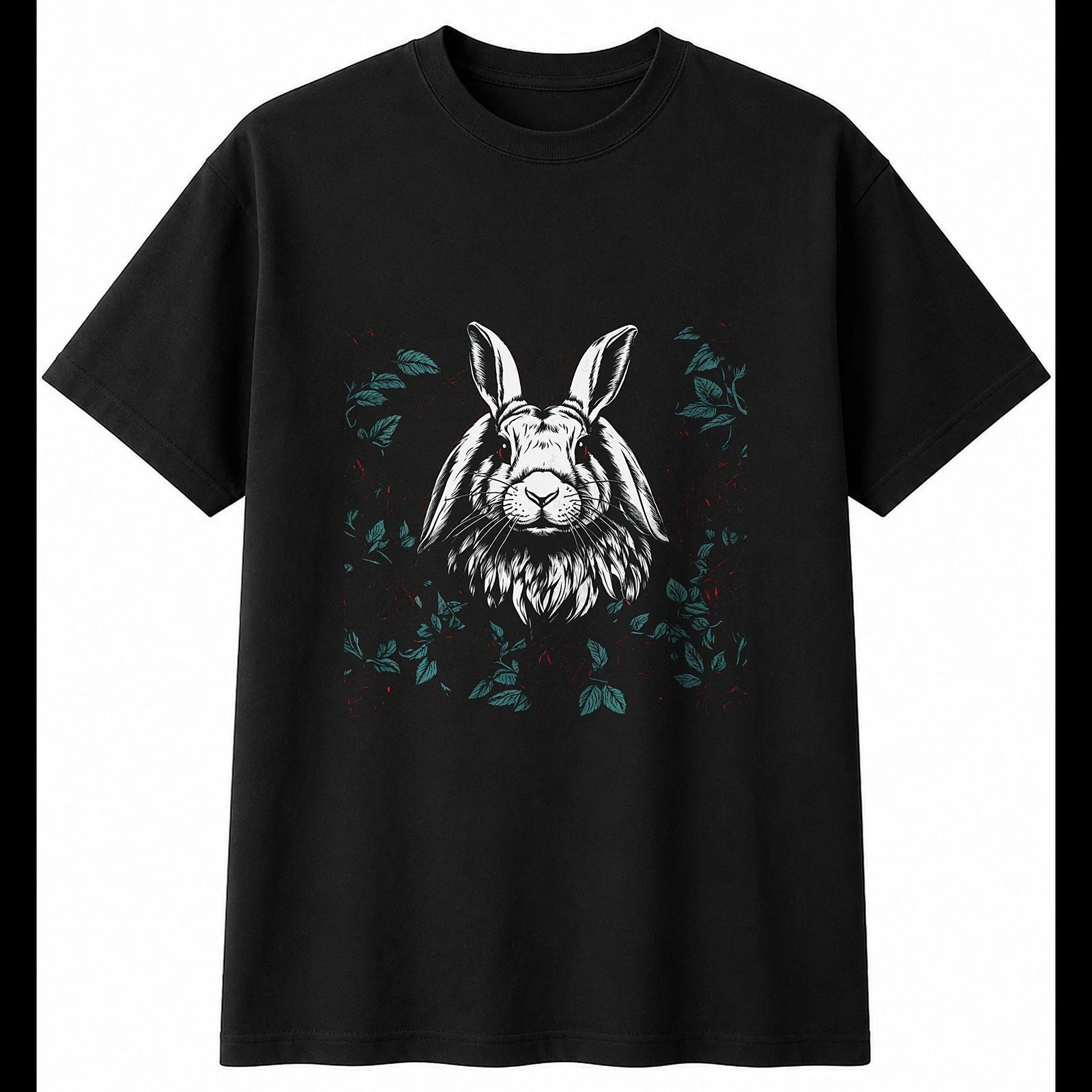 Graphic Lop Rabbit with Roses Cute Mens T-Shirt Black 100% Cotton Adorable Tee
