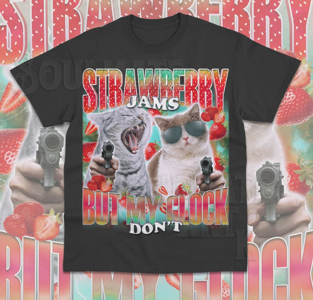 Strawberry Jams But My Glock Don't Shirt Funny Cat Meme Unisex Sweater Soft Tee