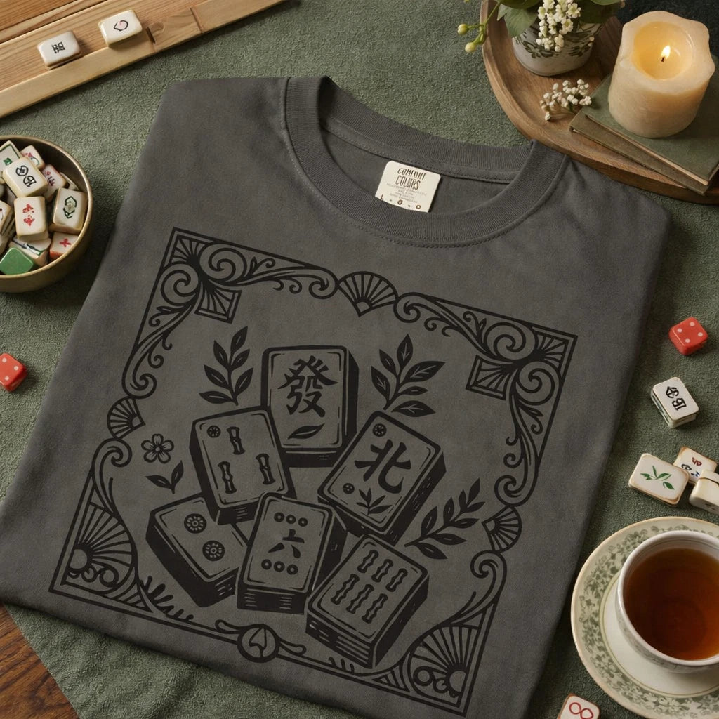 Retro Mahjong T Shirt Floral Linocut Comfort Colors Game Night Tee Vintage Mahj