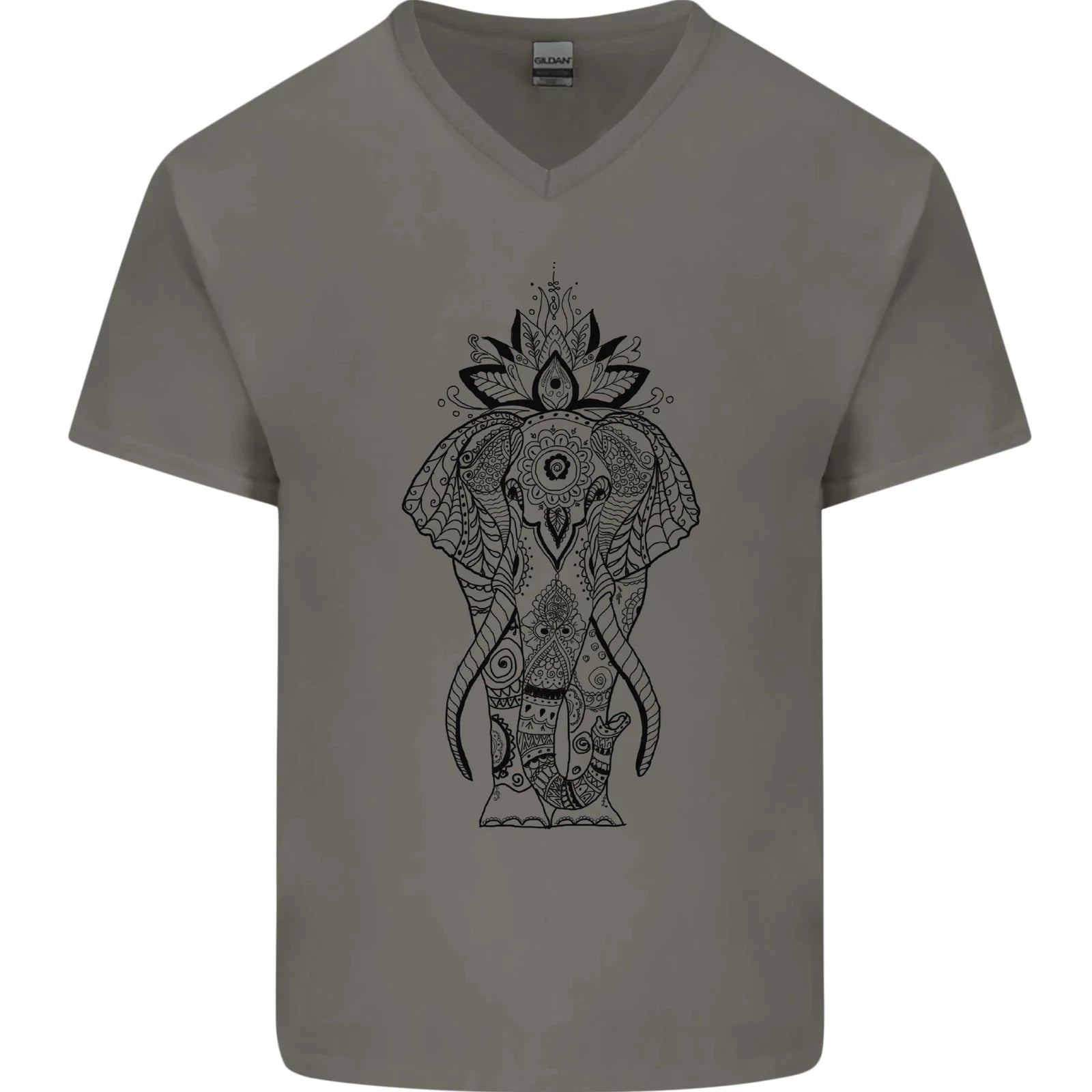 Black Mandala Art Elephant Mens V-Neck Cotton T-Shirt