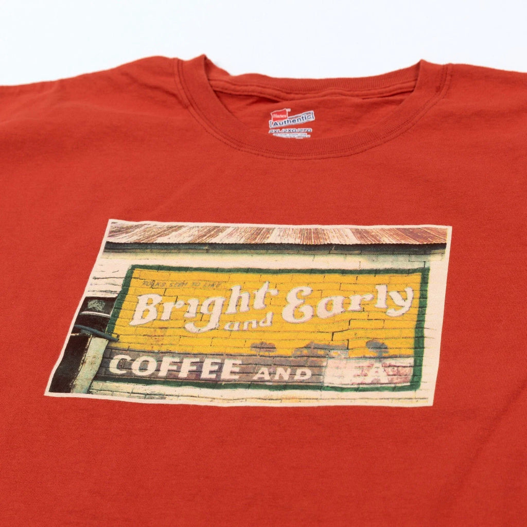 Vintage Bright & Early Coffee Tea Photo T-Shirt 2XL Rust Graphic Retro EUC