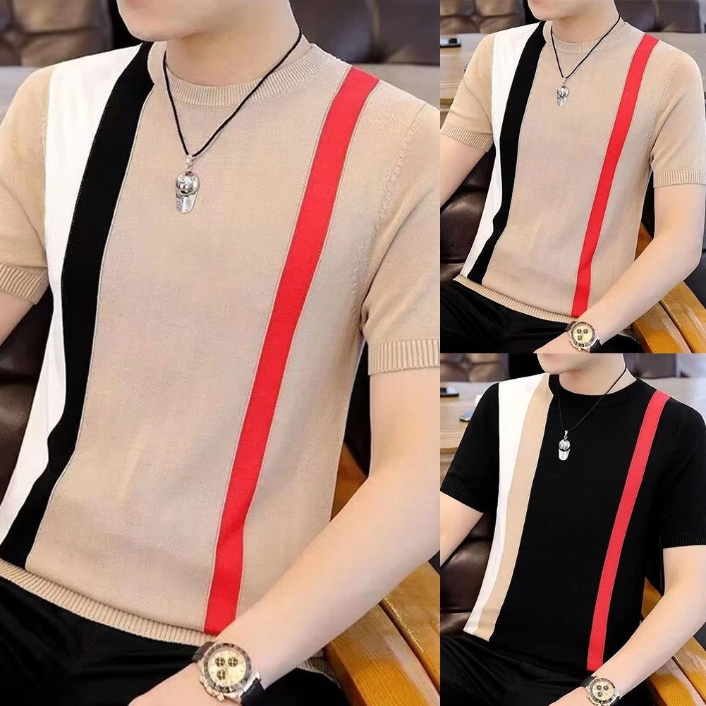 Men Slim Fit Striped Round Neck Short Sleeve Undershirt in Korean Style Tee