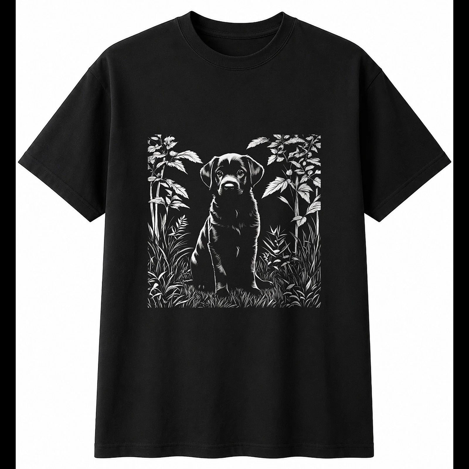 Botanical Puppy Portrait Dog Cute Mens T-Shirt Black 100% Cotton Adorable Kawaii