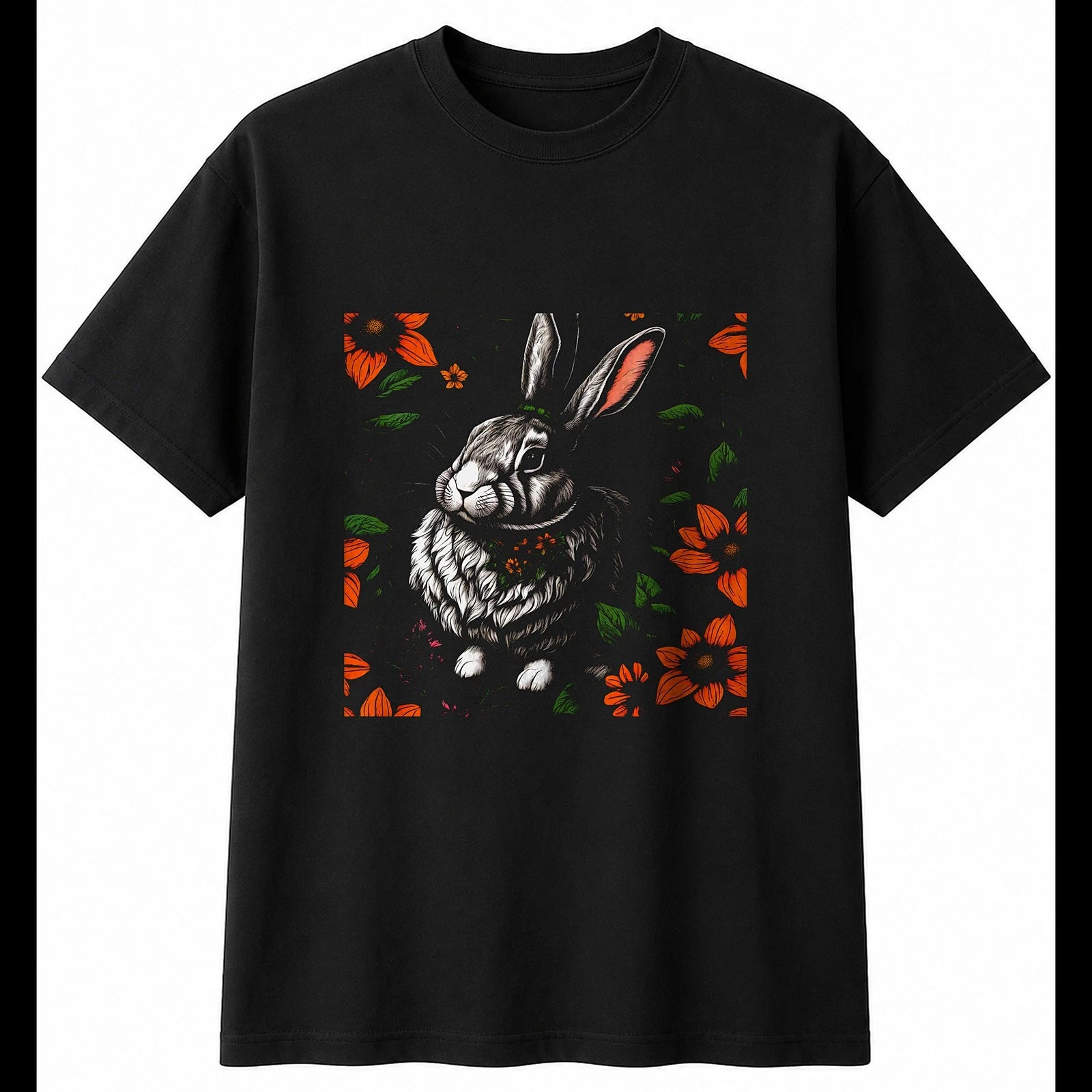 Lop Rabbit with Flowers Mens T-Shirt Cute Black 100% Cotton Graphic Tee Adorable