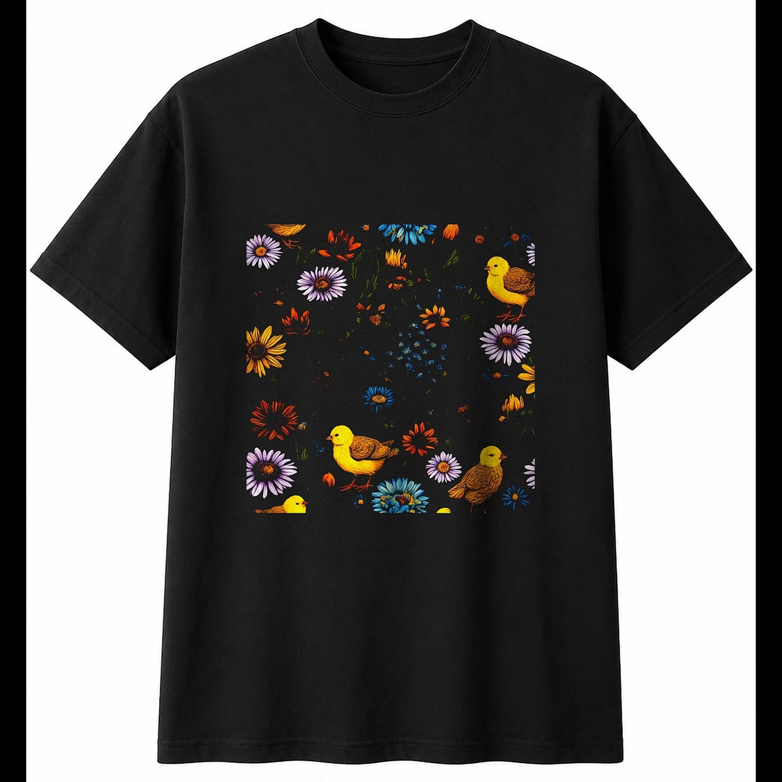 Detailed Chick with Flowers Chicken Cute Mens T-Shirt Black 100% Cotton Kawaii