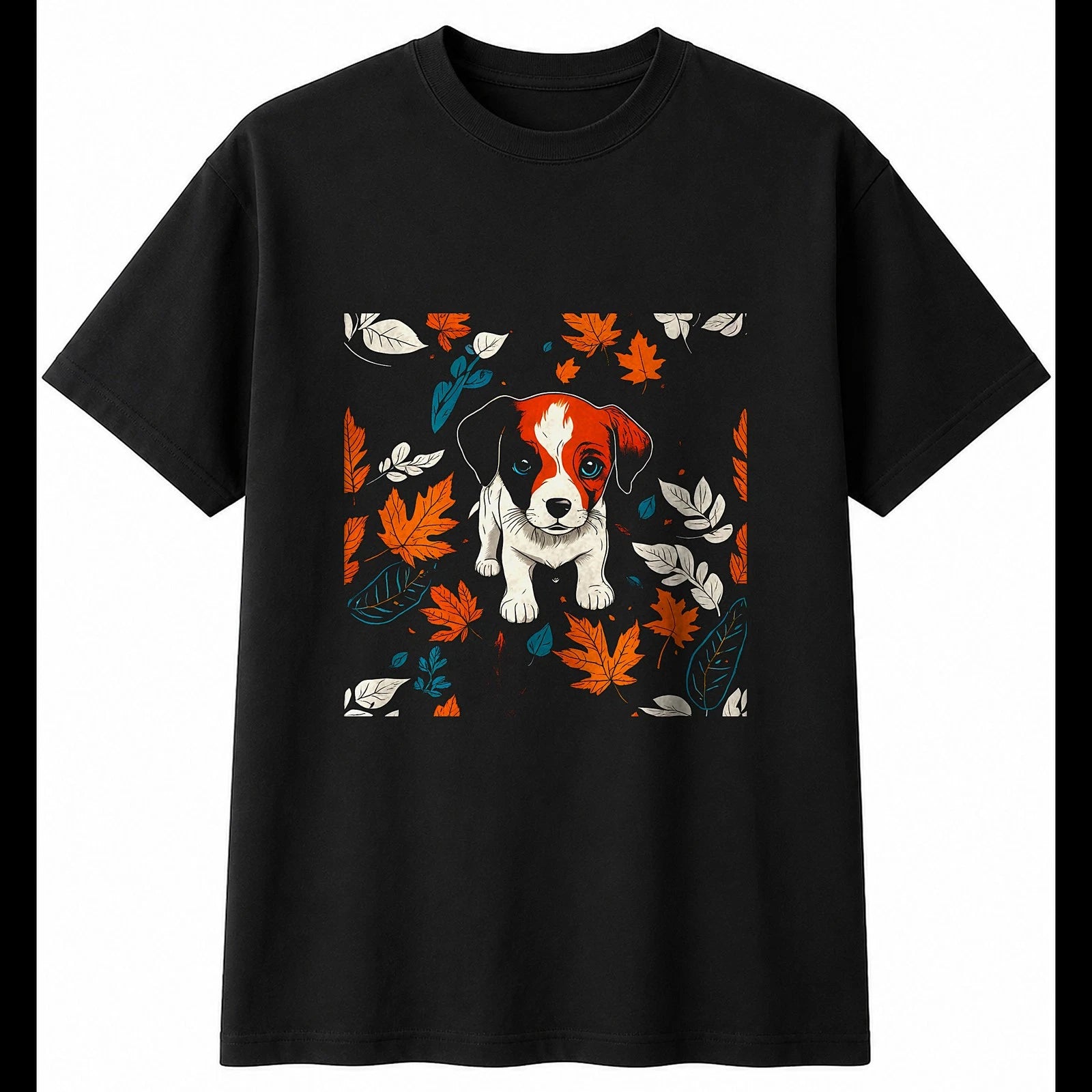 Graphic Puppy in Autumn Dog Cute Mens T-Shirt Black 100% Cotton Kawaii Adults