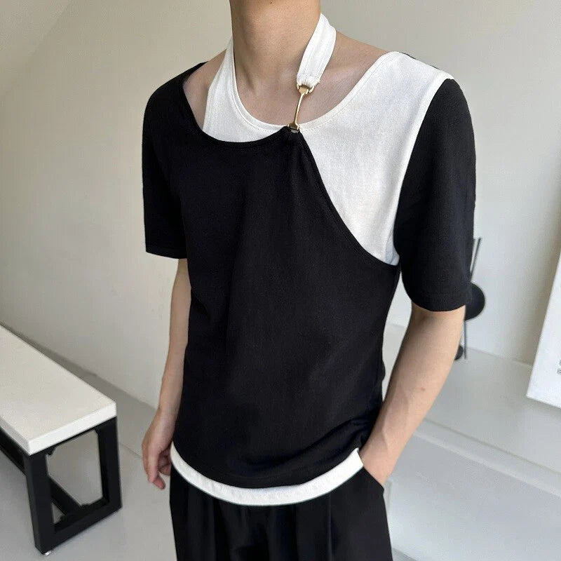 Mens New Splicing design Summer short sleeve Leisure Punk Black T-shirt 1pc
