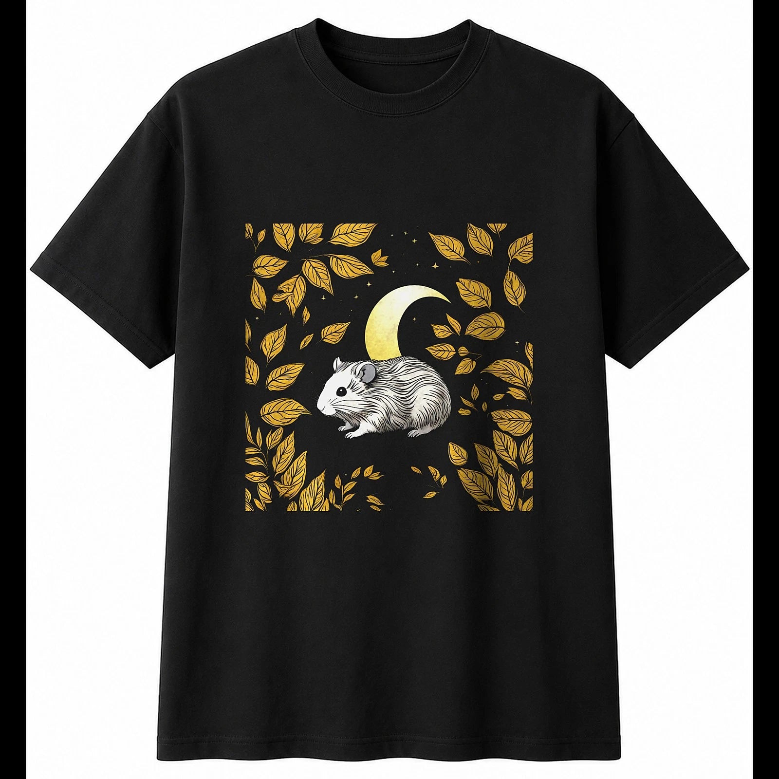 Botanical Hamster in Moonlight Cute Mens T-Shirt Black 100% Cotton Kawaii Unisex