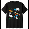 Colourful Rabbit with Mushrooms Cute Mens T-Shirt Black 100% Cotton Tee Kawaii
