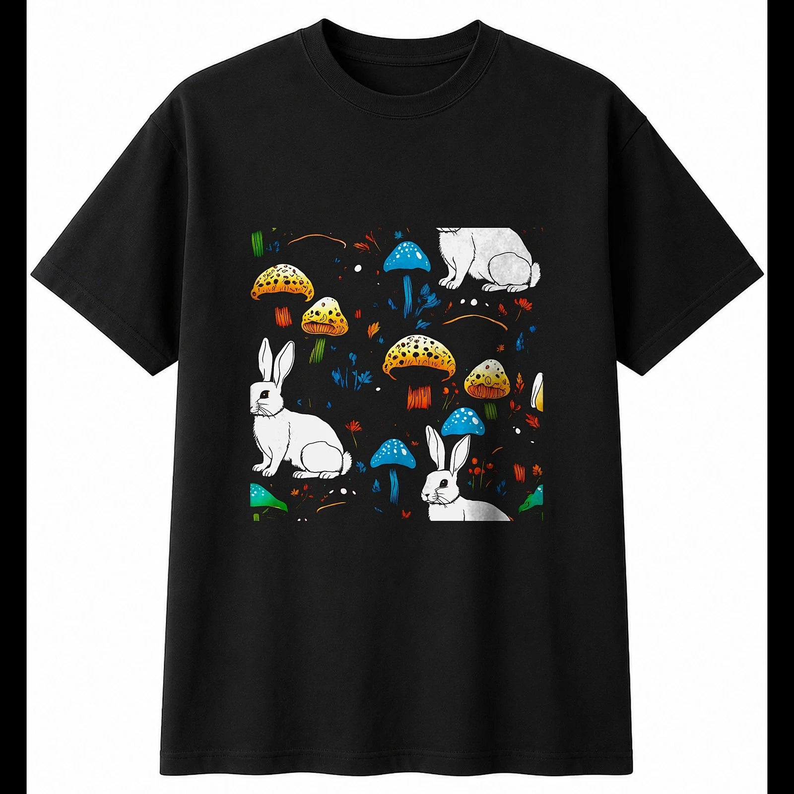 Colourful Rabbit with Mushrooms Cute Mens T-Shirt Black 100% Cotton Tee Kawaii