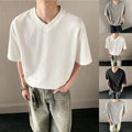Men V Neck Short Sleeve T Shirt Loose Fit Pure Color Texture Casual Everyday