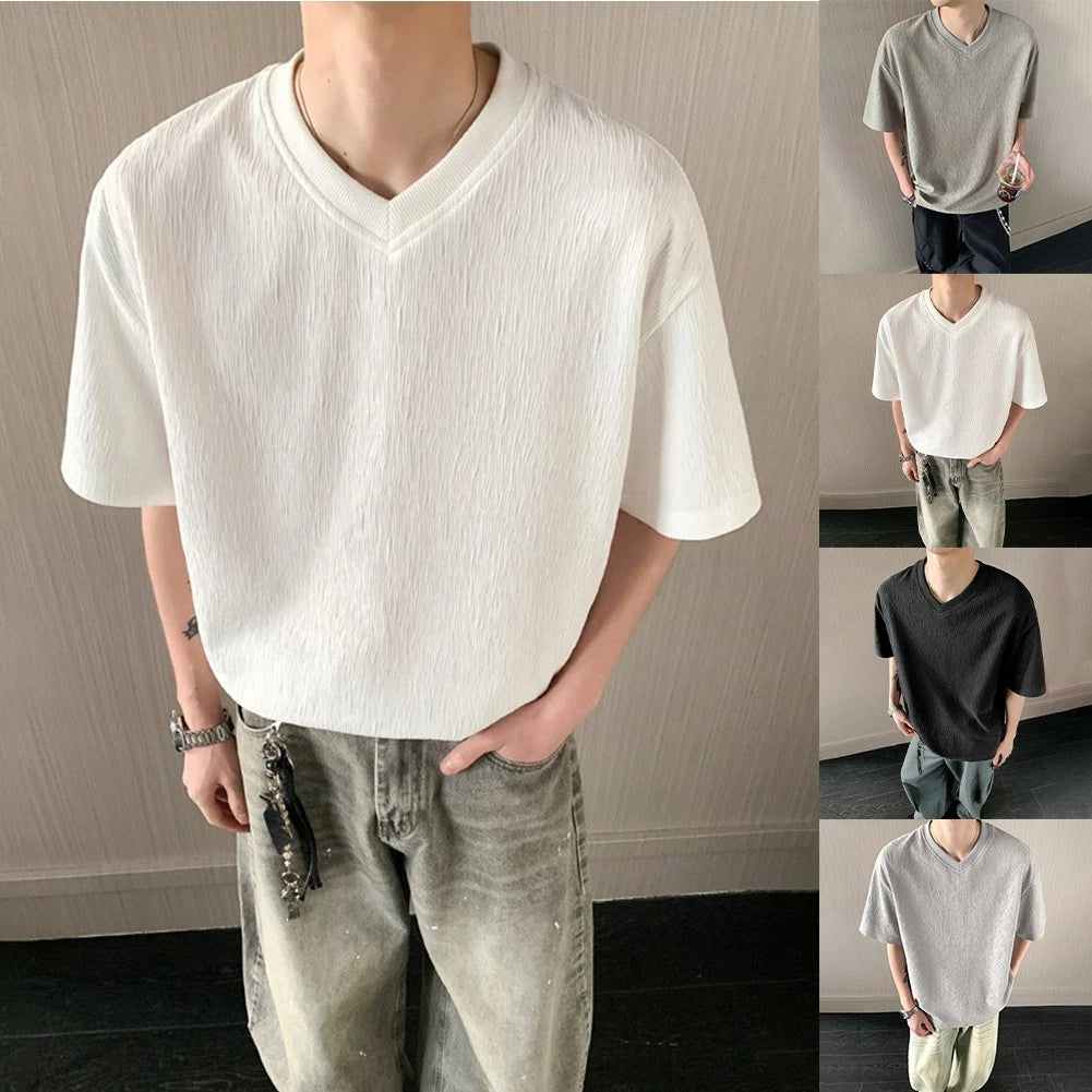 Men V Neck Short Sleeve T Shirt Loose Fit Pure Color Texture Casual Everyday