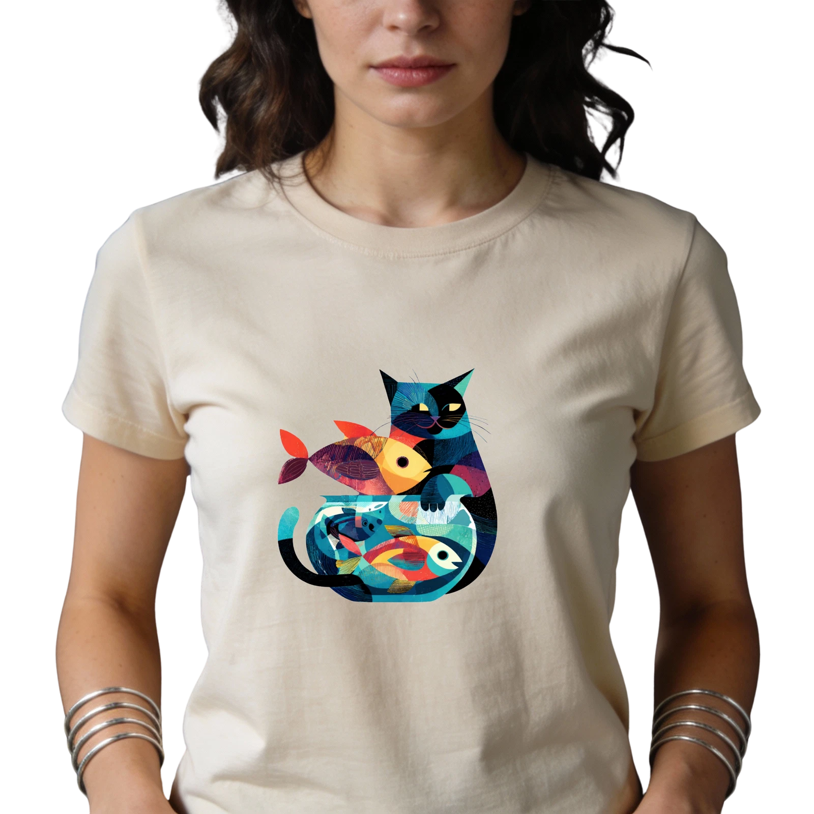 Colourful Cat with Fishbowl T-Shirt | |  Modern  Cat Graphic Tee
