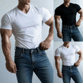 Men's V Neck Short Sleeve T Shirt Casual Solid Color Pullover Streetwear Top