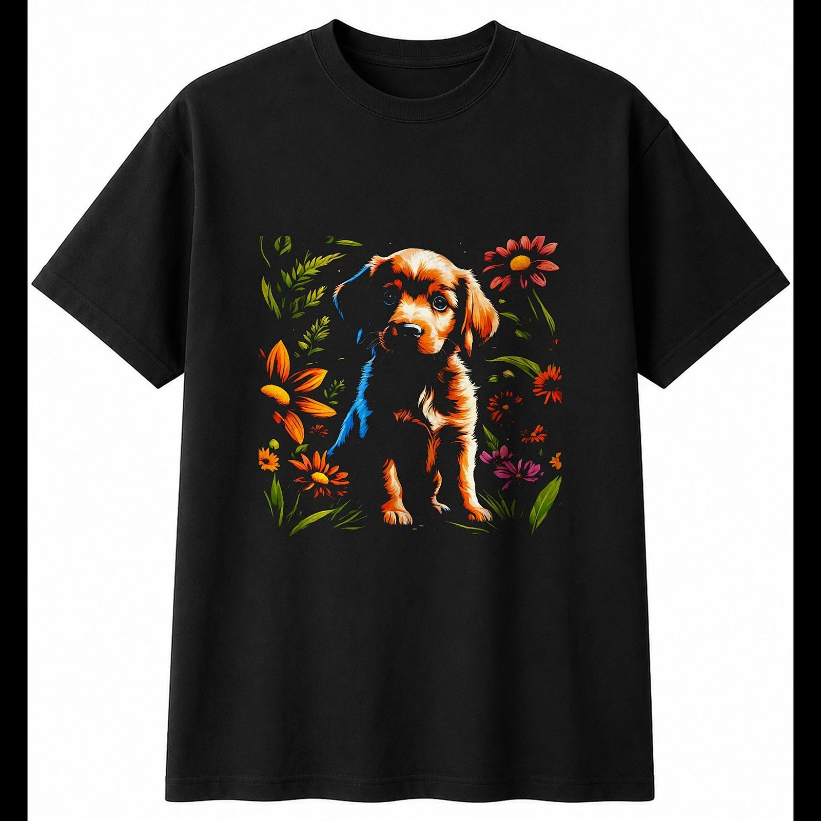 Botanical Puppy with Flowers Dog Mens T-Shirt Black 100% Cotton Kawaii Novelty