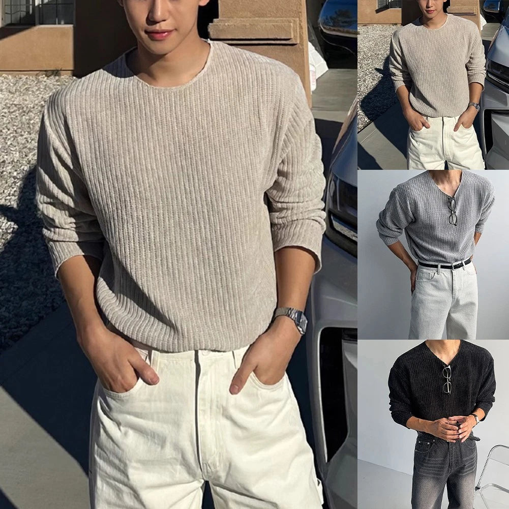 Long Sleeve Men Korean Loose Fit Casual Knitted T Shirts Streetwear Basic