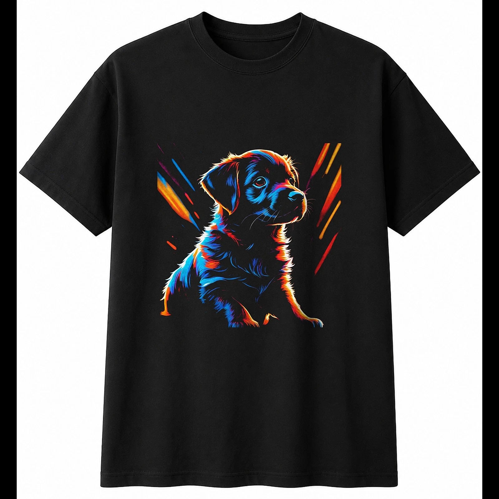 Neon Puppy Sunbeams Dog Cute Mens T-Shirt Black 100% Cotton Kawaii Unisex