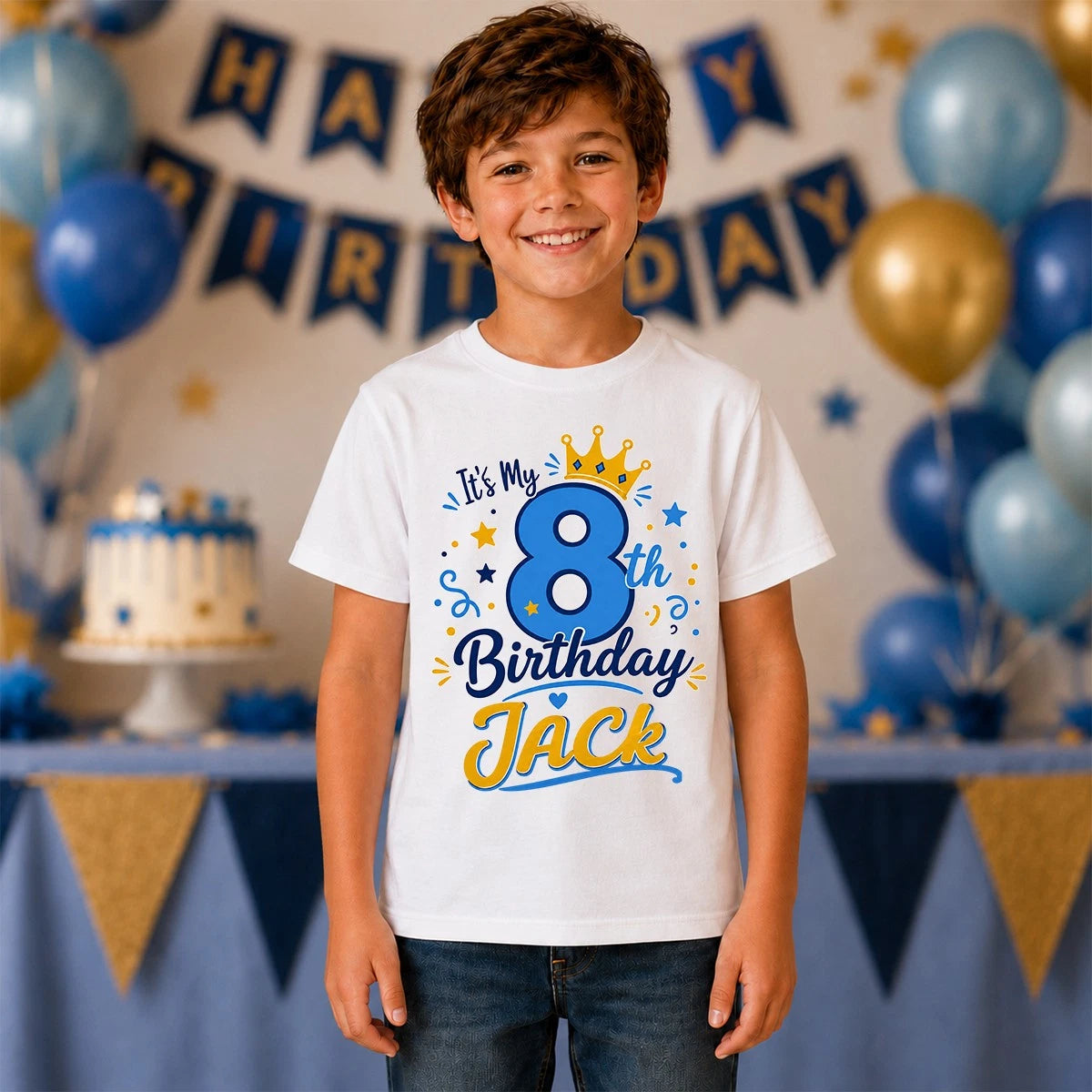 Personalised Birthday Crown Boys T-Shirt Custom Name Age Eight Kids Gift