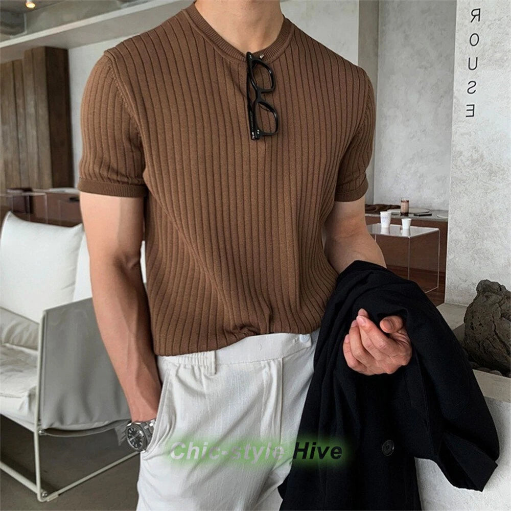 Men's Knitted Short Sleeve T-Shirt Classic Casual Slim Round Neck Shirts Tops