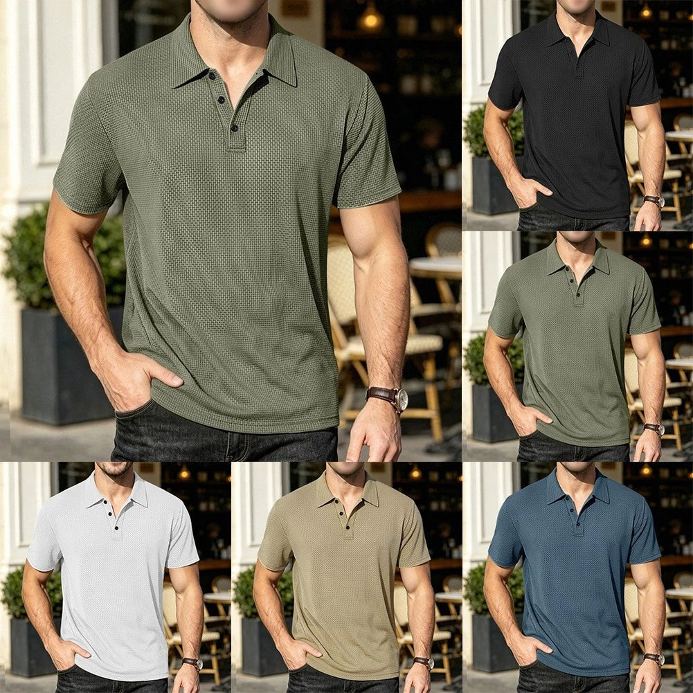 Loose Fit Men Short Sleeve Solid Color Button Up T-Shirt Lapel Collar for Polo