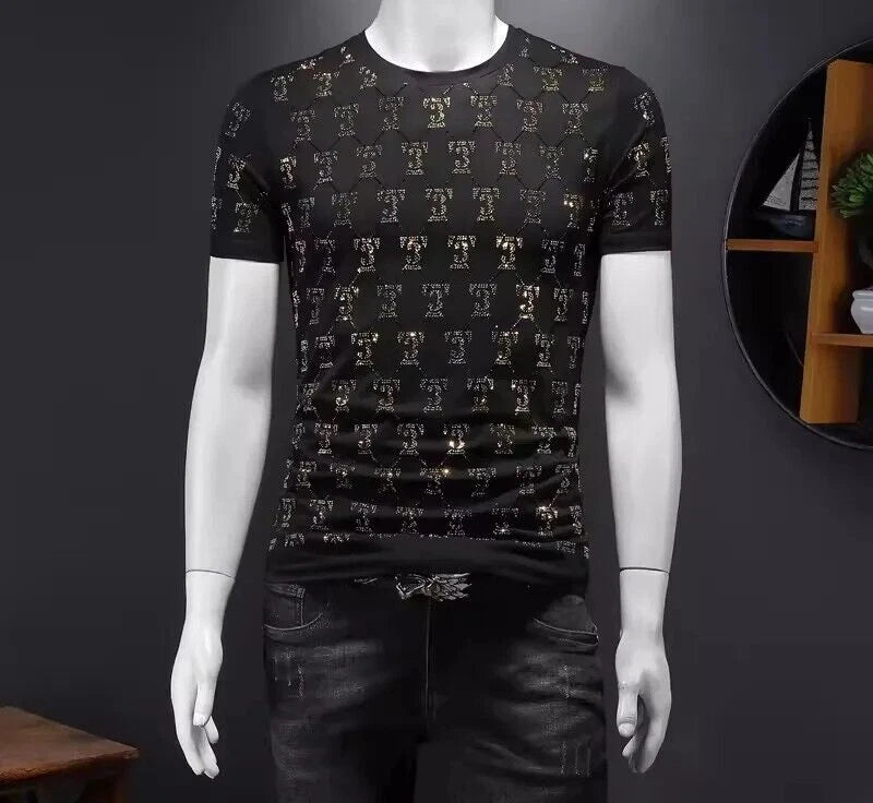 New Men Luxury Diamond Rhinestones Black White T-Shirt High Quality