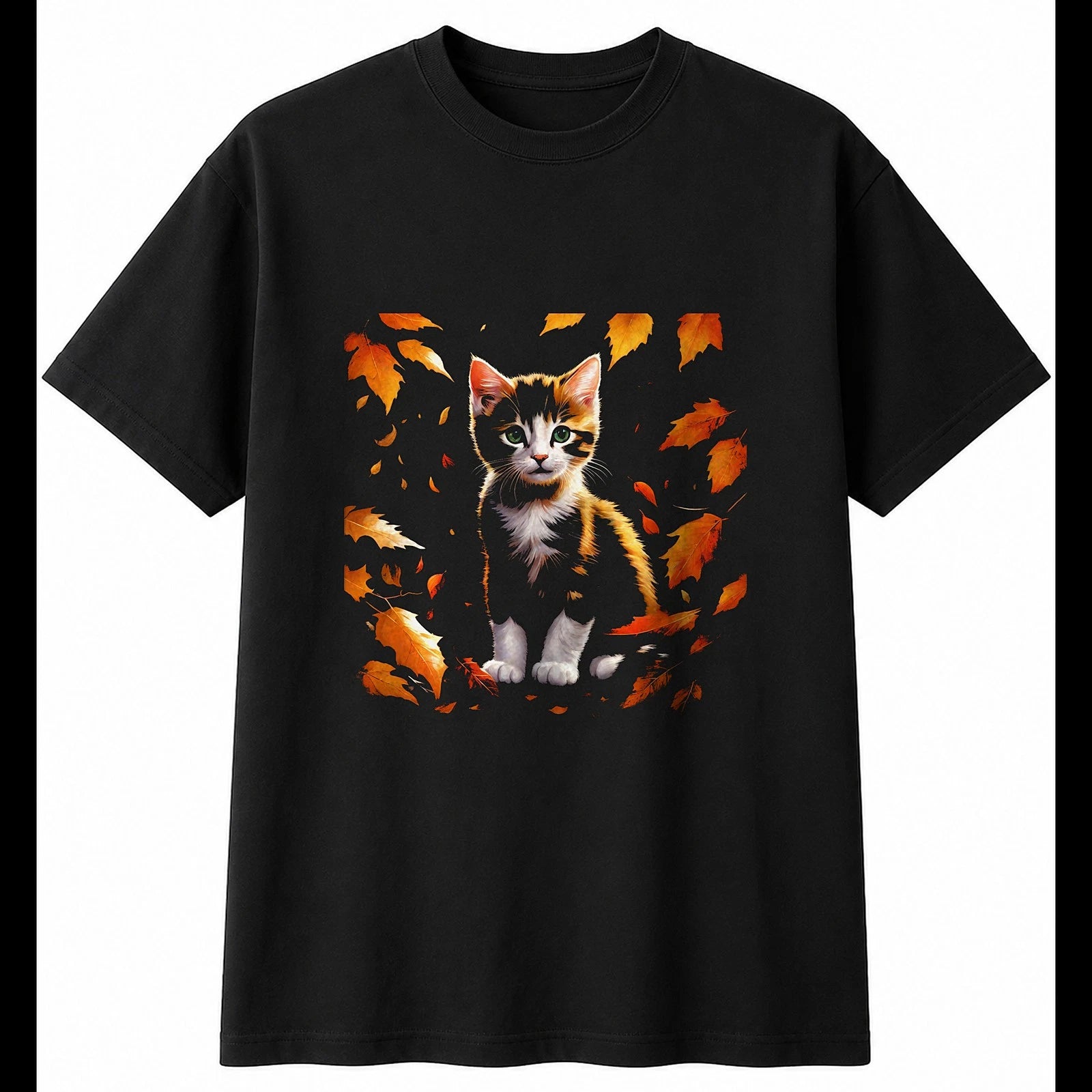 Botanical Kitten in Autumn Cat Mens T-Shirt Black 100% Cotton Kawaii Xmas
