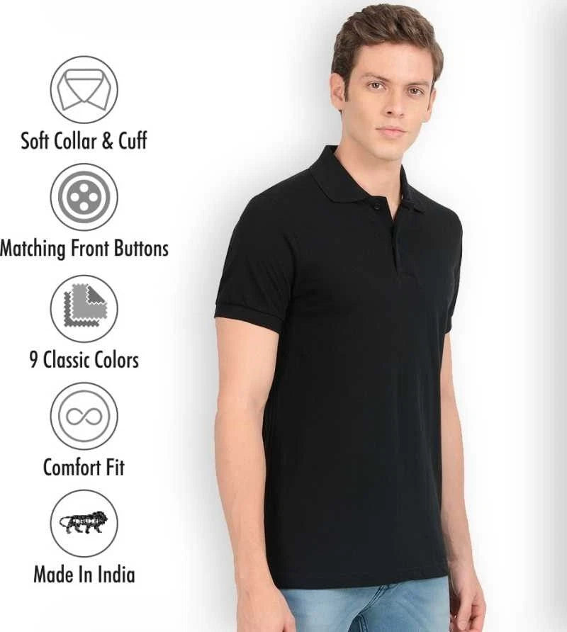T shirt Solid Black Cotton Unique Boy Casual Regular Fit Polo Collar Formal Wear