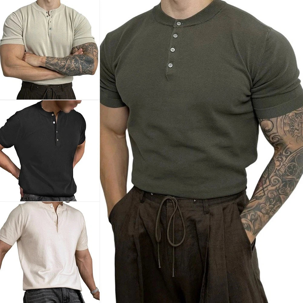 Men's Breathable Short Sleeve T-Shirt V-Neck Casual Business Wear Solid Color