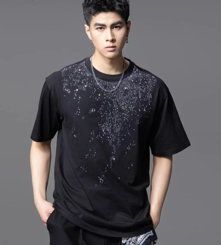 New Men Luxury Diamond Rhinestones Black T-Shirt High Quality