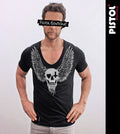 Pistol Boutique Men's Fitted Black Deep V Neck  SKULL HEART CROSS WINGS T-shirt