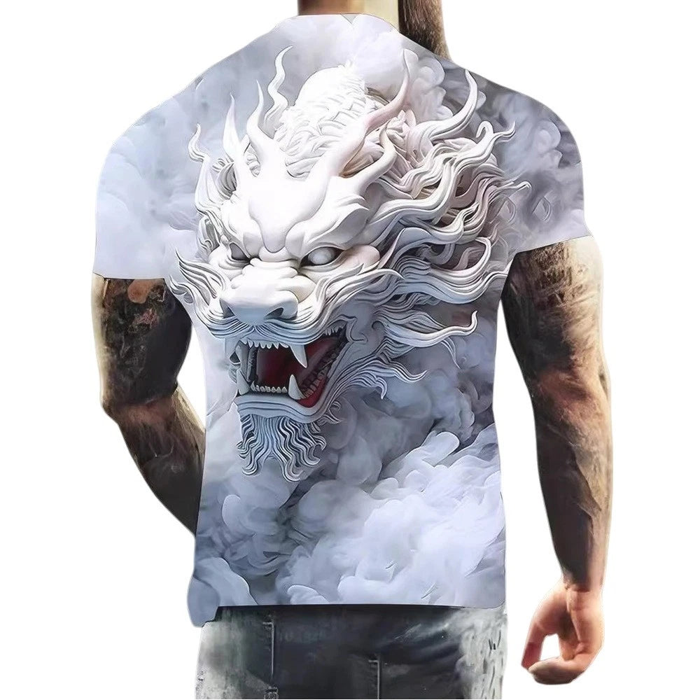Mens Loose T Shirt with Modern Cloud Dragon Print for Casual and Holiday