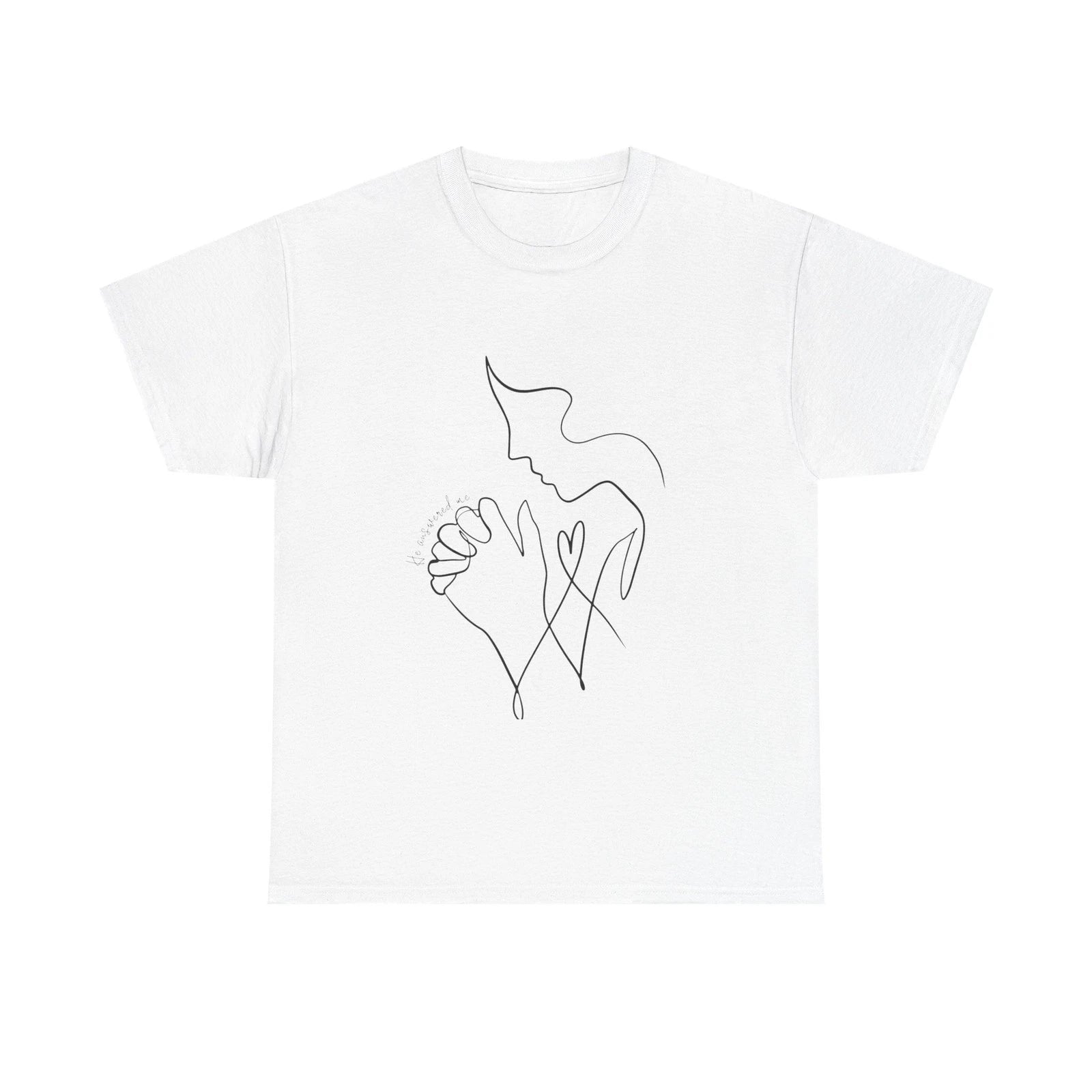 Minimalist Prayer Hands "He Answered Me" T-Shirt | Simple Heart Outline Tee