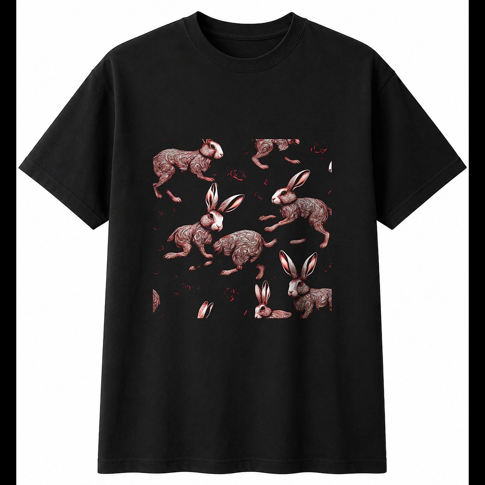 Detailed Flemish Giant Rabbit with Roses Cute Mens T-Shirt Black 100% Cotton