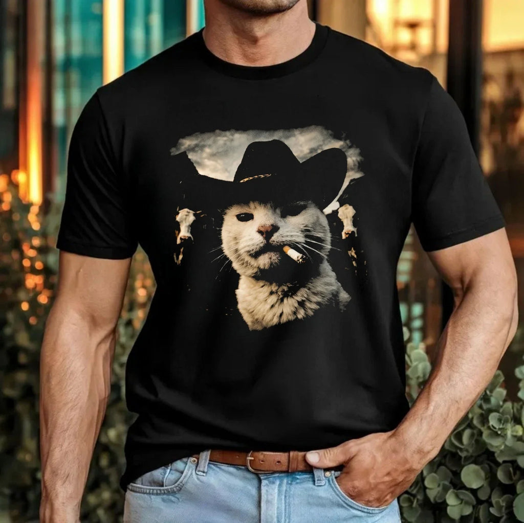 Cowboy Cat Smoking T-Shirt Funny Meowdy Viral Meme Wild West Cat Gift Tee Top