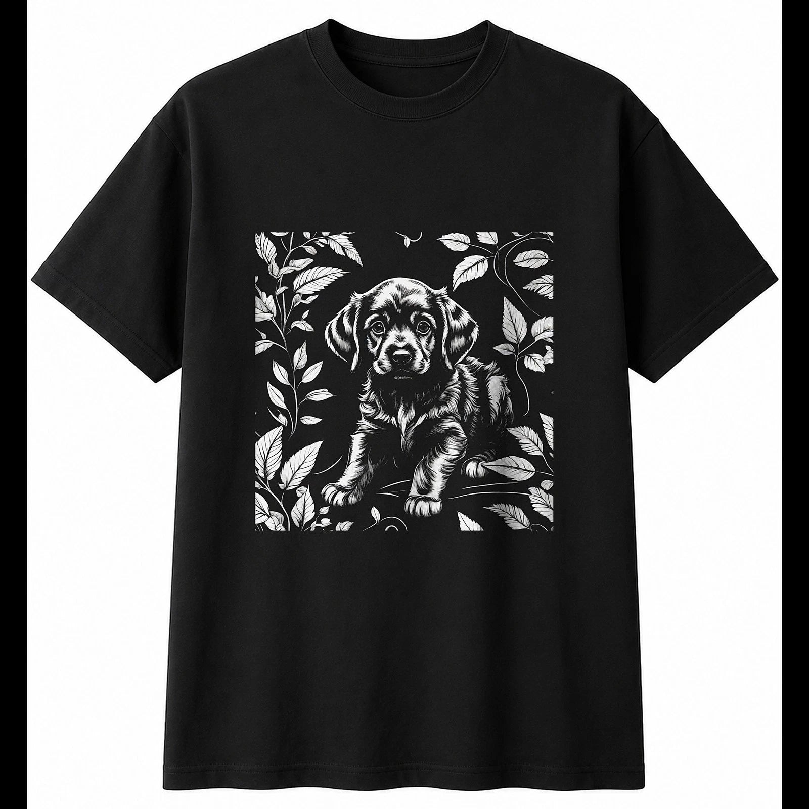 Botanical Puppy Portrait Dog Cute Mens T-Shirt Black 100% Cotton Kawaii Tee