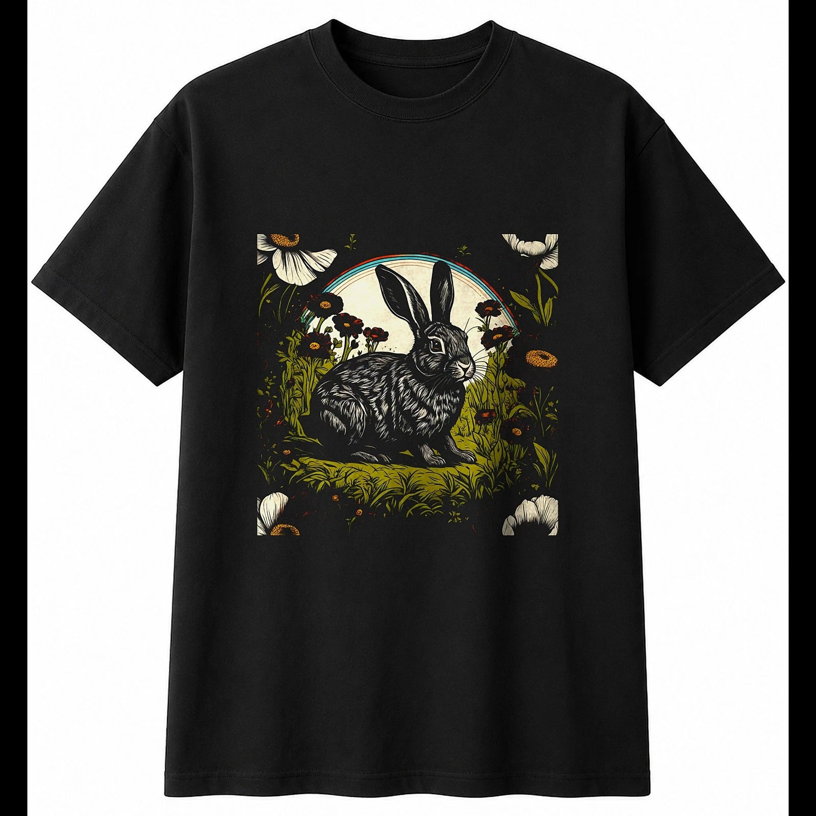 Fantasy Art Rabbit with Flowers Cute Mens T-Shirt Black 100% Cotton Kawaii