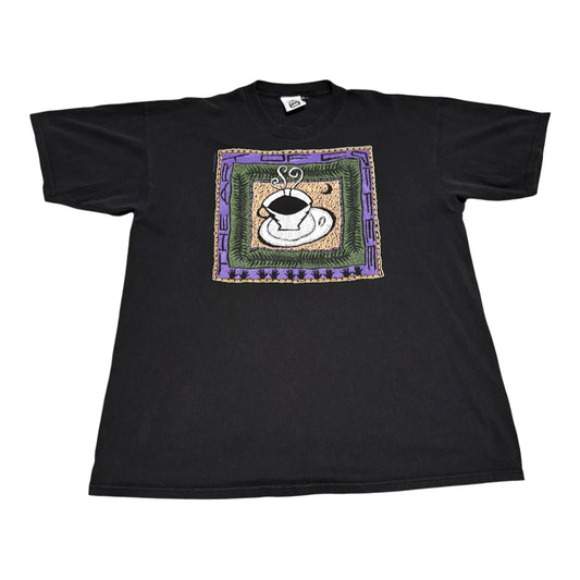 Vintage 1992 Lee The Art of Coffee Cotton Espresso Latte Black Shirt Men's XL