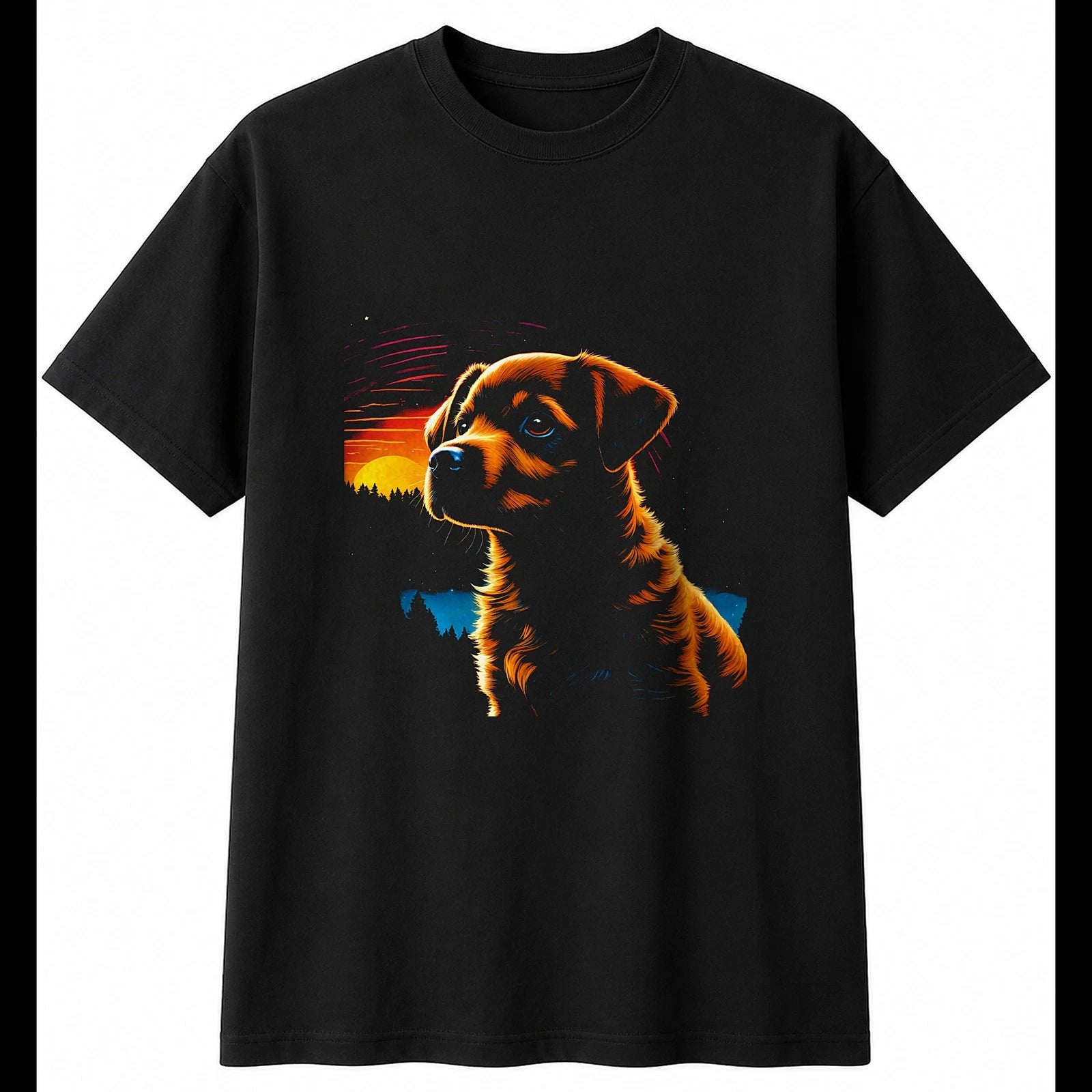 Detailed Puppy in Moonlight Dog Cute Mens T-Shirt Black 100% Cotton Kawaii Tee