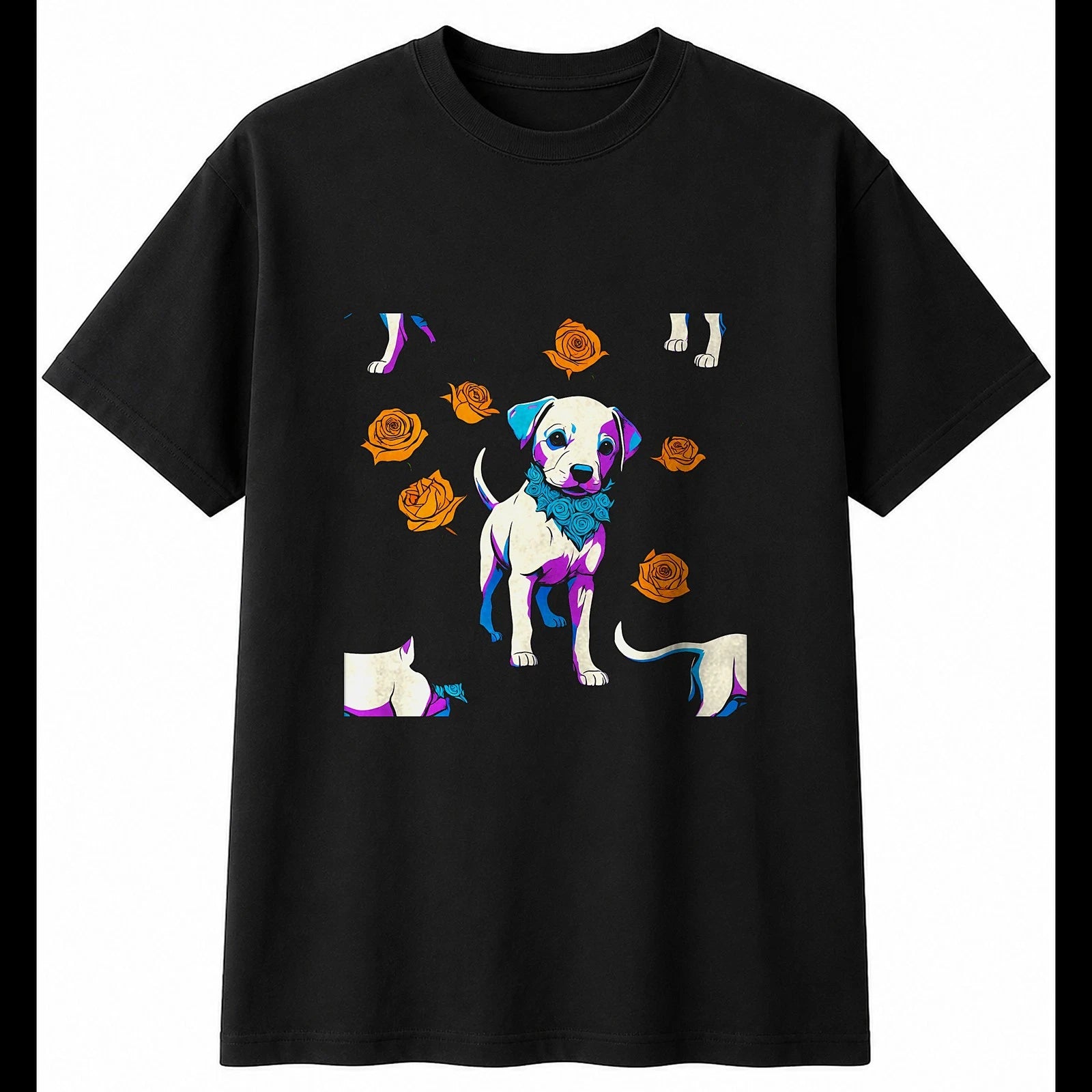Colourful Puppy with Roses Dog Cute Mens T-Shirt Black 100% Cotton Birthday