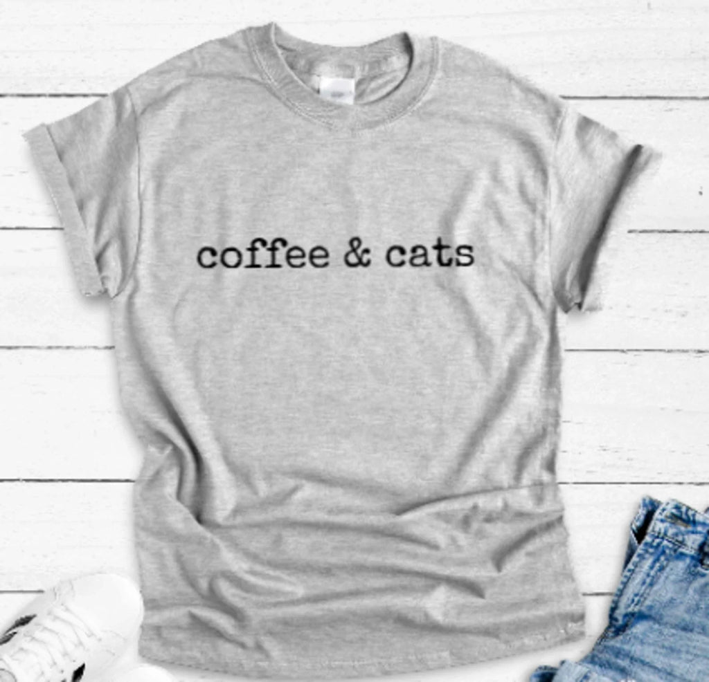 Coffee and Cats, Unisex Short Sleeve Men's and Women's Gray T-shirt