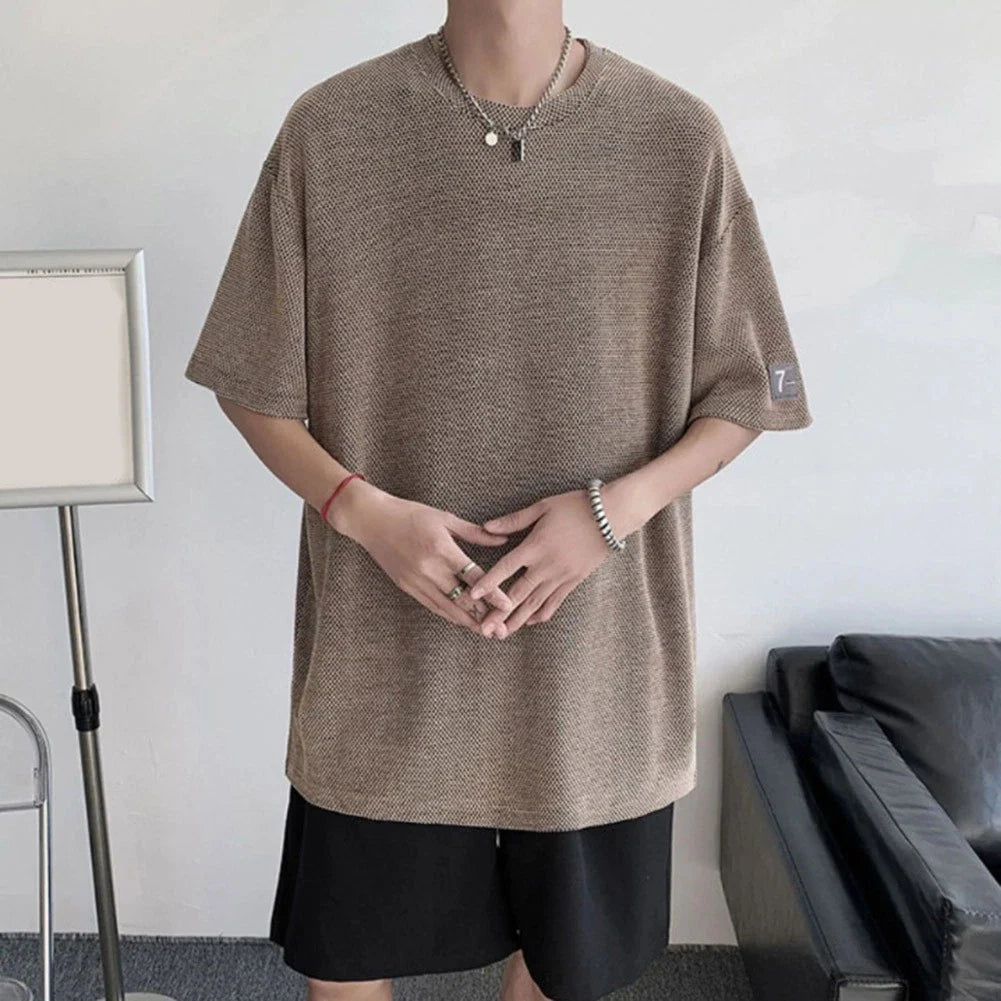 Mens Casual Summer Short Sleeve Hollow Out Loose Fit T Shirt Black Grey