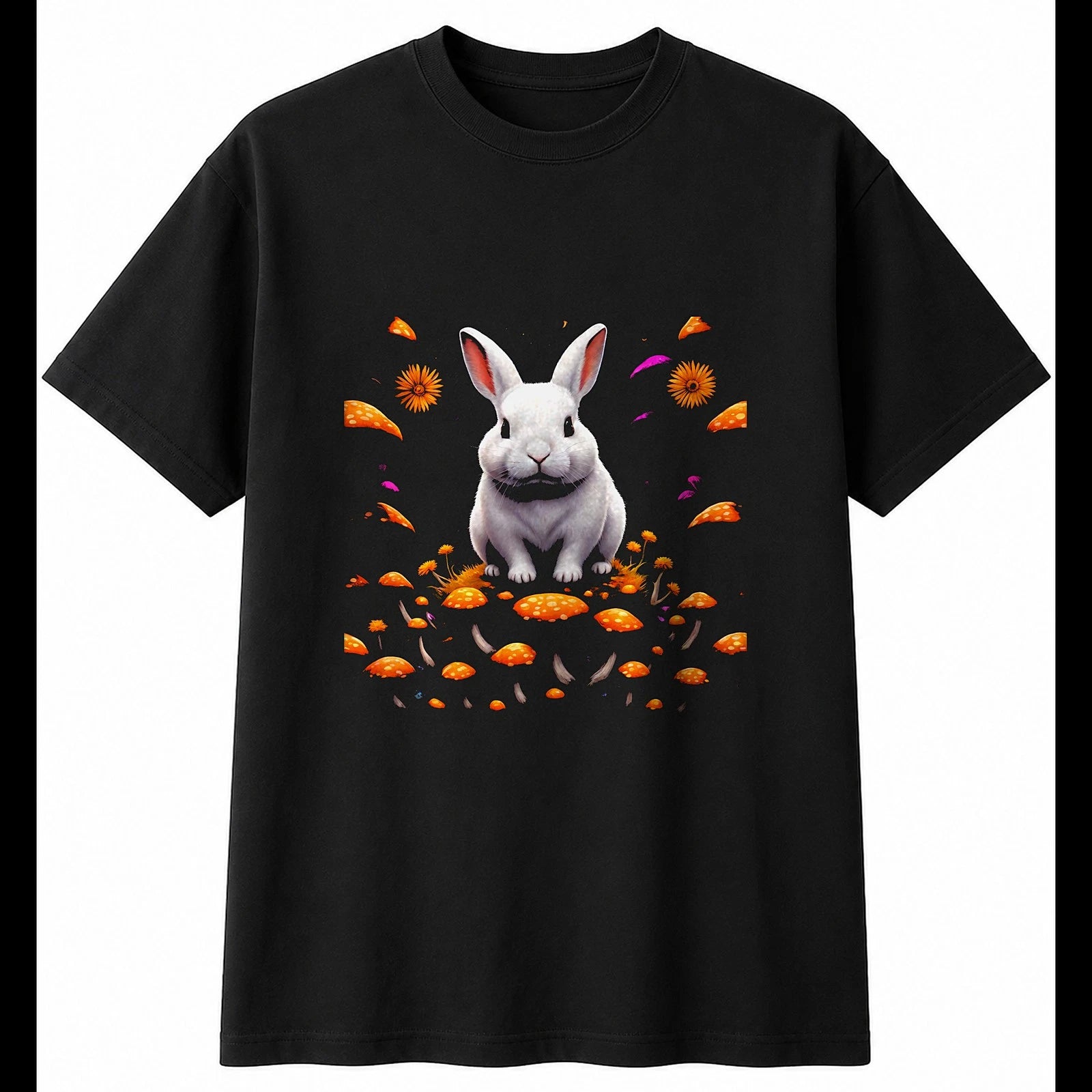 Dark Fantasy Netherland Dwarf Rabbit with Mushrooms Cute Mens T-Shirt Black