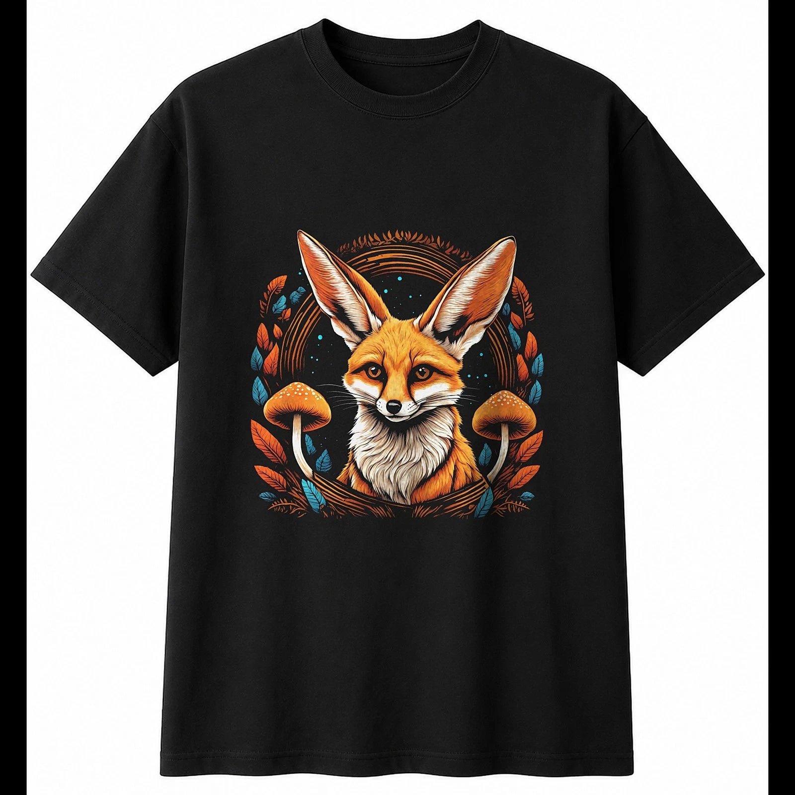 Graphic Fennec Kit with Mushrooms Fox Cute Mens T-Shirt Black 100% Cotton Kawaii
