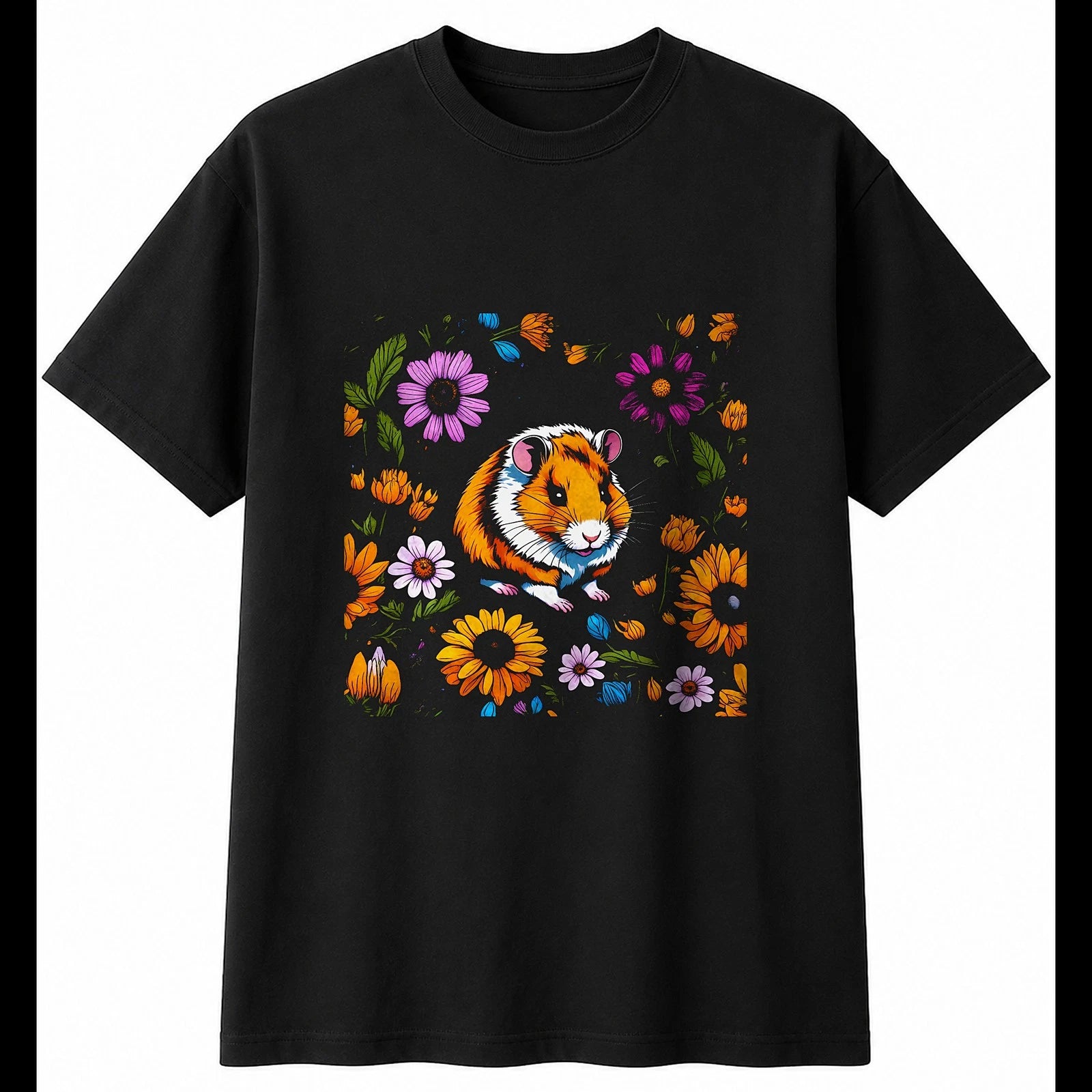 Detailed Hamster with Flowers Cute Mens T-Shirt Black 100% Cotton Tee Kawaii