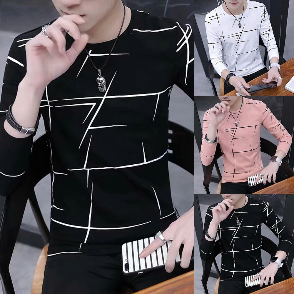 Slim Fit Print Tshirt Blouse Pullover Top Crew Neck Long Sleeve for Men