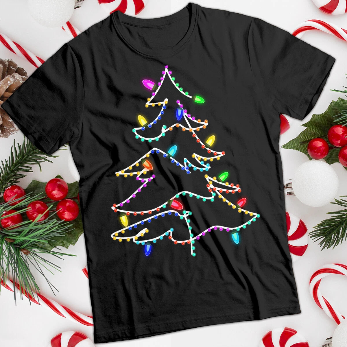 Mens and Womens Christmas Colorful Tree Lights T-Shirt Tee #MC