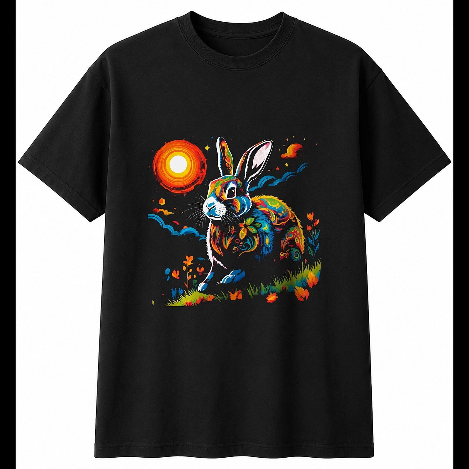 Psychedelic Rabbit in Moonlight Mens T-Shirt Cute Black 100% Cotton Kawaii