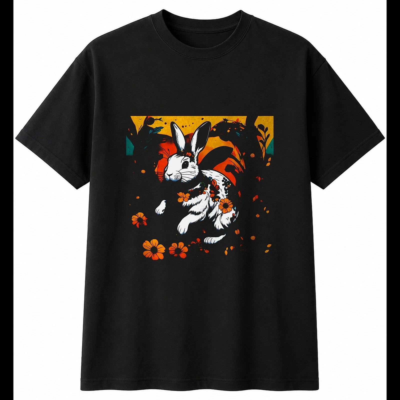 Anime Rex Rabbit with Flowers Cute Mens T-Shirt Black 100% Cotton Tee Kawaii