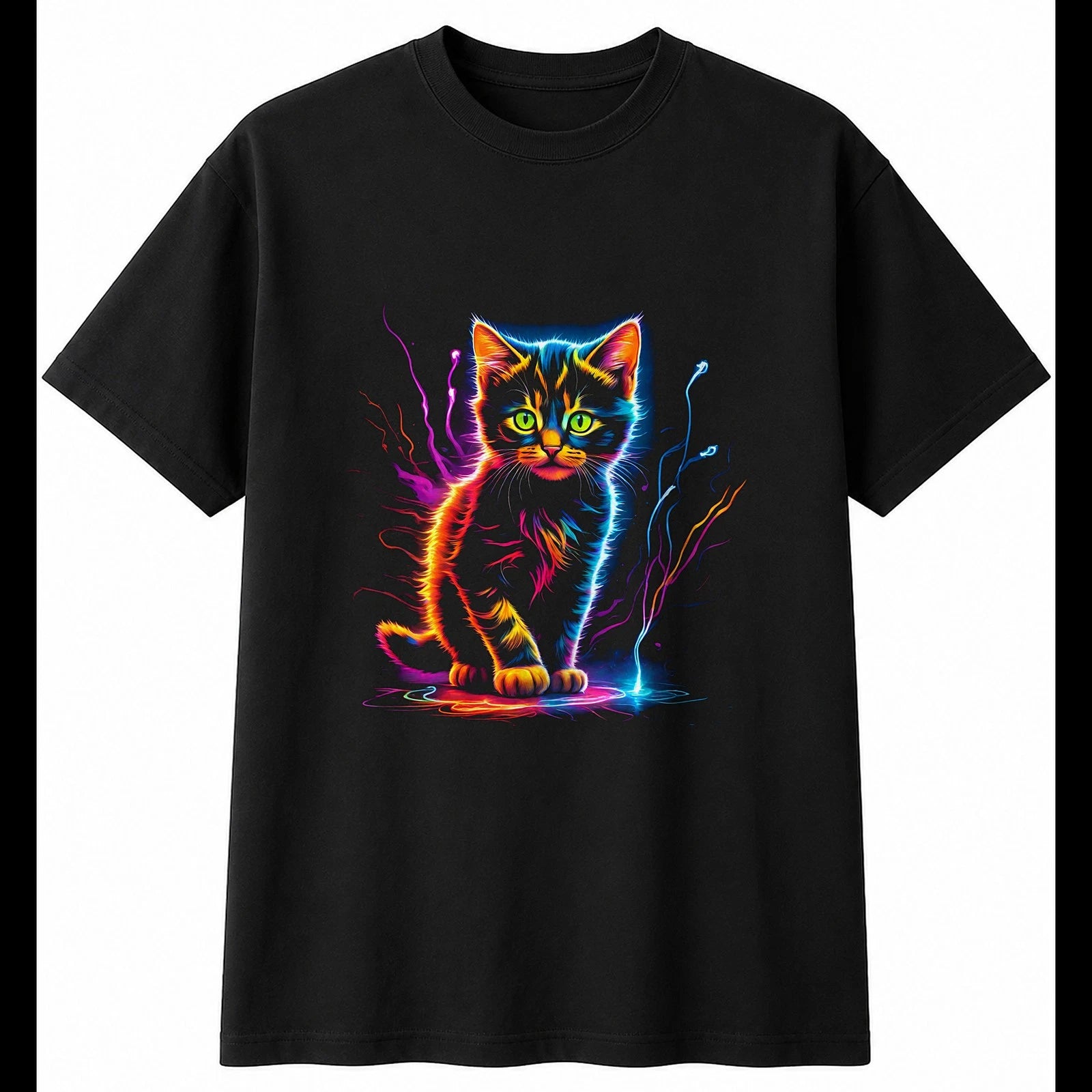 Kitten Neon Cat Cute Mens T-Shirt Black 100% Cotton Adorable Unisex