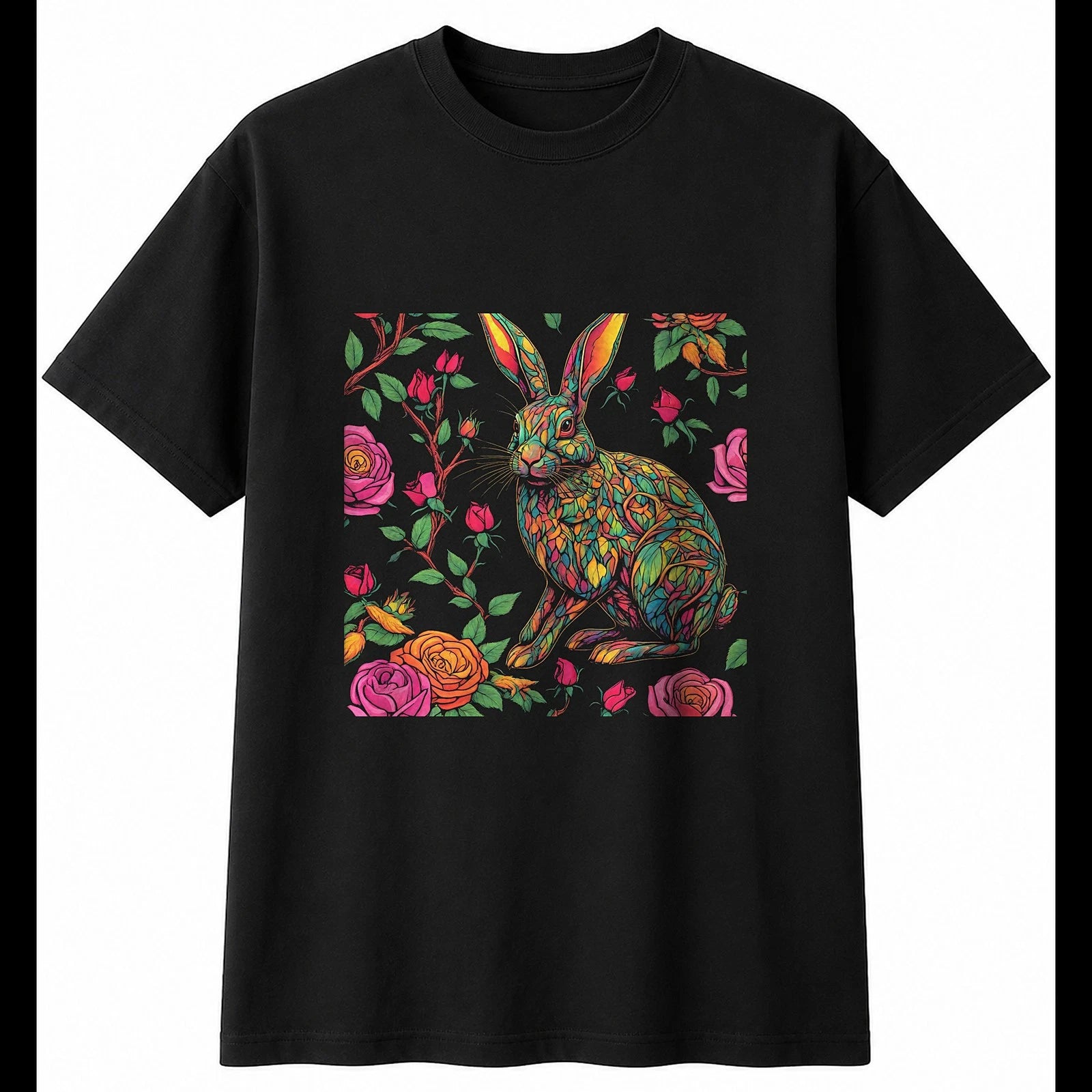 Colourful Flemish Giant Rabbit with Roses Cute Mens T-Shirt Black 100% Cotton